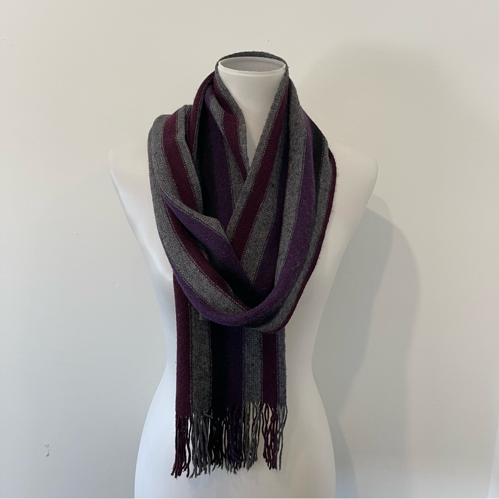 Purple, black, gray soft striped scarf.